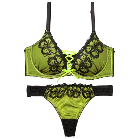 【EFサイズ】ネオンフラワースピンドル育乳脇高ブラジャー&Tバックショーツ［大人気］(グリーン-E65/ショーツM)