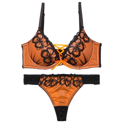 【EFサイズ】ネオンフラワースピンドル育乳脇高ブラジャー&Tバックショーツ［大人気］(オレンジ-E65/ショーツM)