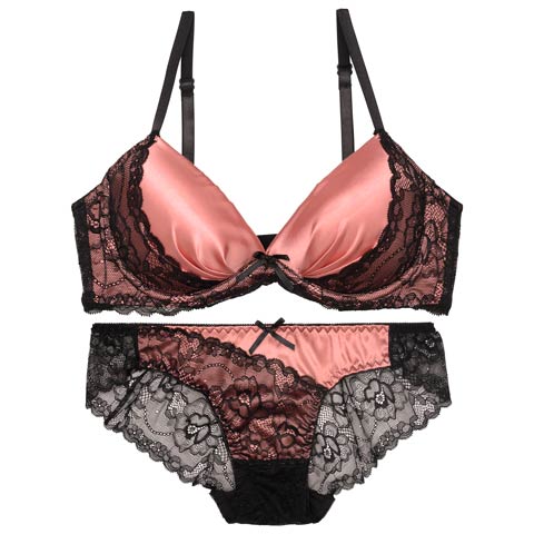 【EFサイズ】ノーブルサテンレース育乳脇高ブラジャー&バック透けフルバックショーツ［大人気］(サーモンピンク-E65/ショーツM)