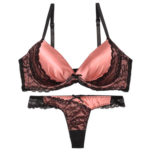 【EFサイズ】ノーブルサテンレース育乳脇高ブラジャー&バック透けTバックショーツ［大人気］(サーモンピンク-E65/ショーツM)