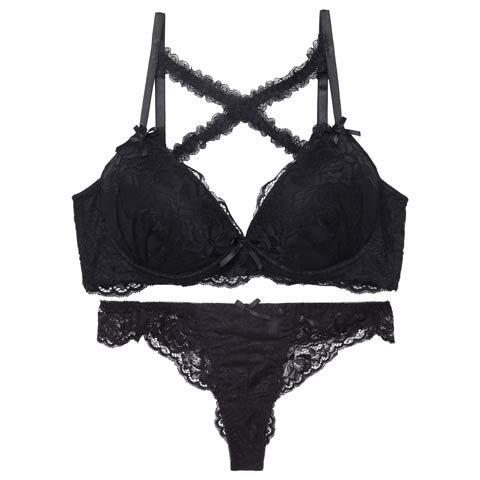 【三上悠亜着用】【EFサイズ】ロマンティックレーシィクロス育乳脇高ブラジャー&バック透けTバックショーツ［大人気］［週替］[スーパーセール](ブラック-E65/ショーツM)