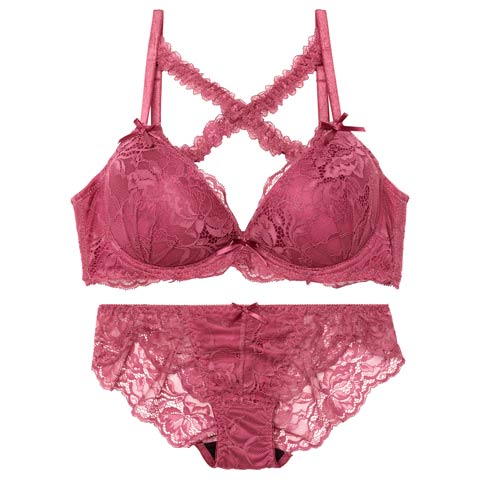 【三上悠亜着用】【GHサイズ】ロマンティックレーシィクロス育乳脇高ブラジャー&バック透けフルバックショーツ［大人気］(ピンク-G65/ショーツM)