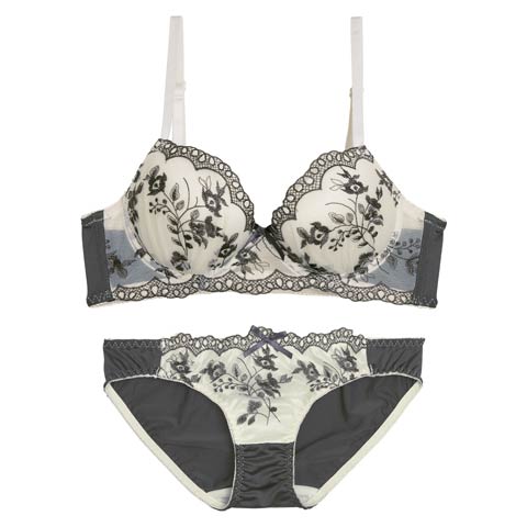 11/8再販!【ノンワイヤー】ノスタルジアブルーム育乳脇高ブラジャー&フルバックショーツ［激売れ］(グレー-A65/ショーツM)