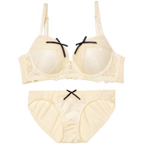 11/21新作!ヴェールリボンチュール育乳脇高ブラジャー&フルバックショーツ［激売れ］(アイボリー-A65/ショーツM)
