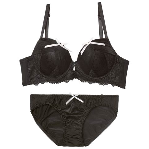 11/21新作!ヴェールリボンチュール育乳脇高ブラジャー&フルバックショーツ［激売れ］(ブラック-A65/ショーツM)
