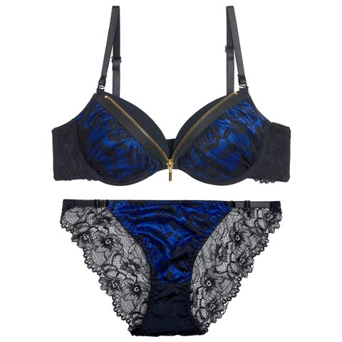 12/19新作!ロージーレースファスナーブラジャー＆バック透けフルバックショーツ［激売れ］(ブルー-A65/ショーツM)