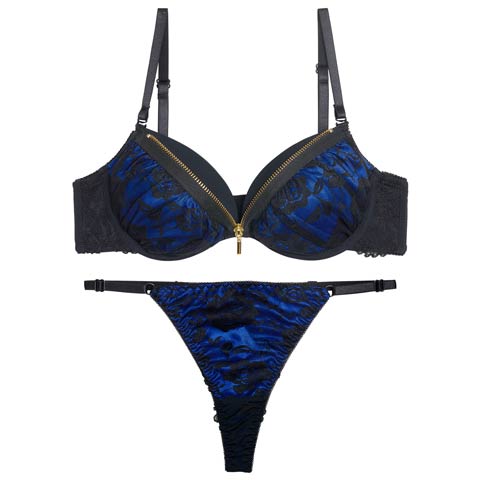 12/19新作!【EFサイズ】ロージーレースファスナーブラジャー＆バック透けTバックショーツ［大人気］(ブルー-E65/ショーツM)