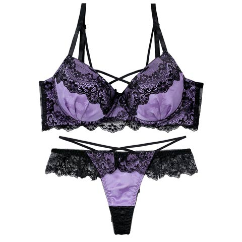 11/15再販!ヴィーナスレーシィクロス育乳脇高ブラジャー&バック透けTバックショーツ［激売れ］(パープル-A65/ショーツM)