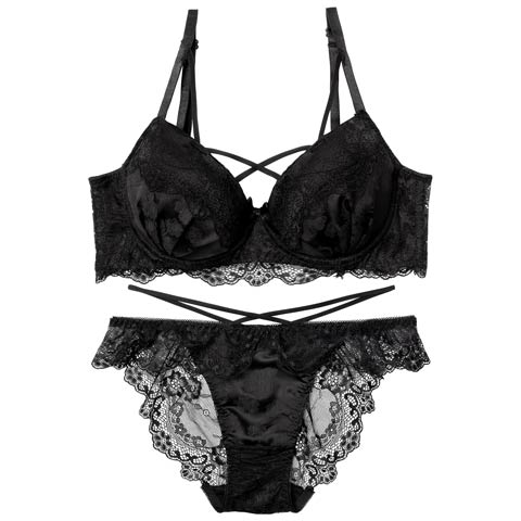 11/15再販!【EFサイズ】ヴィーナスレーシィクロス育乳脇高ブラジャー&バック透けフルバックショーツ［大人気］(ブラック-E65/ショーツM)