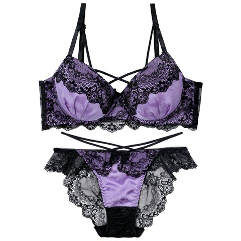 11/15再販!【EFサイズ】ヴィーナスレーシィクロス育乳脇高ブラジャー&バック透けフルバックショーツ［大人気］(パープル-E65/ショーツM)