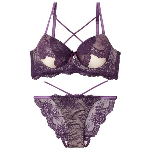 10/28再販!クロスカットアウトレーシィブラジャー&バック透けフルバックショーツ［激売れ］(パープル-A65/ショーツM)