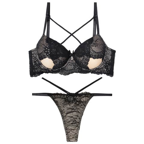 10/28再販!クロスカットアウトレーシィブラジャー&バック透けTバックショーツ［激売れ］(ブラック-A65/ショーツM)