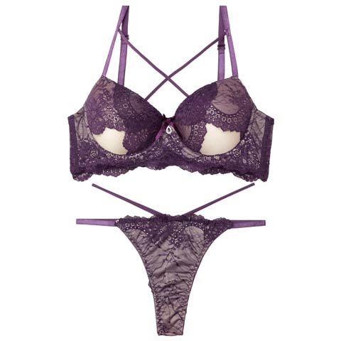 10/28再販!クロスカットアウトレーシィブラジャー&バック透けTバックショーツ［激売れ］(パープル-A65/ショーツM)