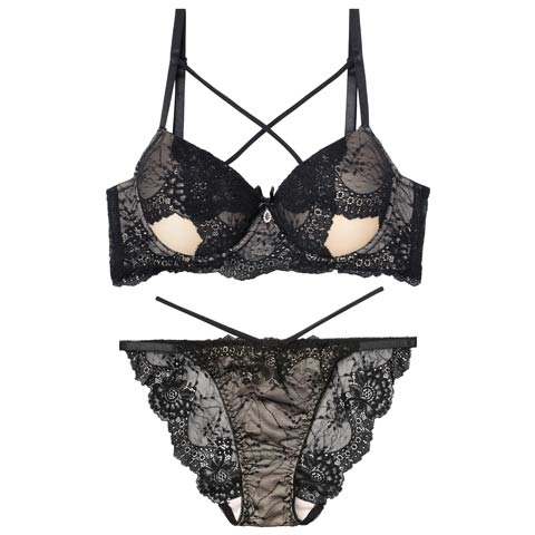 10/28再販!【EFサイズ】クロスカットアウトレーシィブラジャー&バック透けフルバックショーツ［大人気］(ブラック-E65/ショーツM)