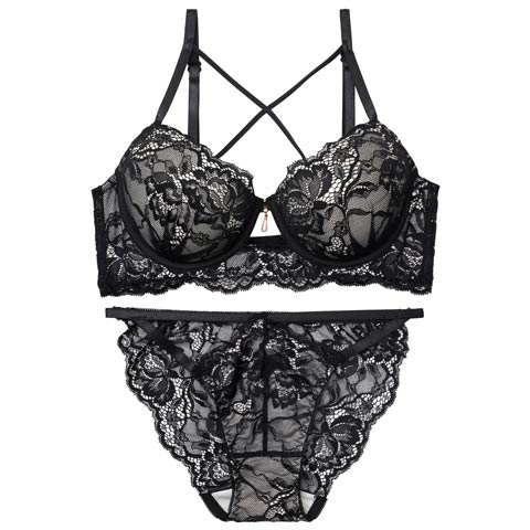 10/10新作!【EFサイズ】ラビッシュレースストリング育乳脇高ブラジャー&バック透けフルバックショーツ［大人気］(ブラック-E65/ショーツM)