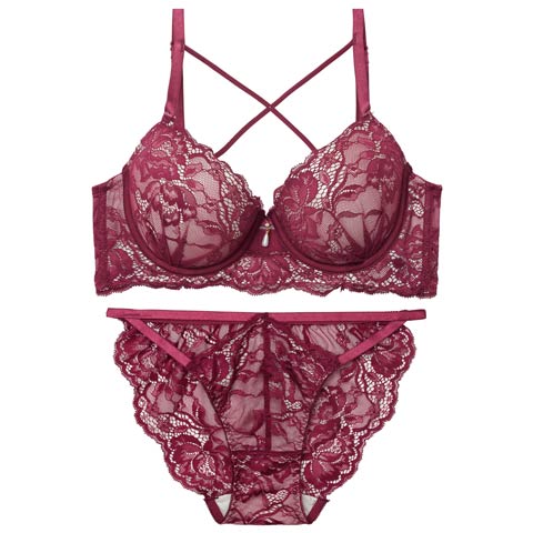 10/10新作!【EFサイズ】ラビッシュレースストリング育乳脇高ブラジャー&バック透けフルバックショーツ［大人気］(チェリー-E65/ショーツM)