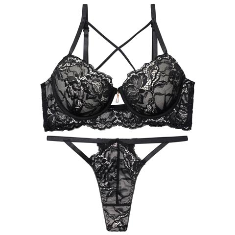 10/10新作!【EFサイズ】ラビッシュレースストリング育乳脇高ブラジャー&バック透けTバックショーツ［大人気］(ブラック-E65/ショーツM)