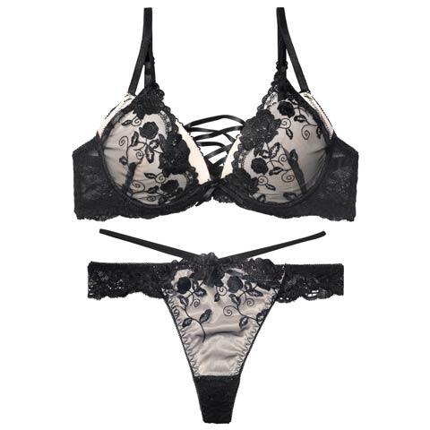 12/12新作!ノワールフラワーレースアップブラジャー&バック透けTバックショーツ［激売れ］(アイボリー-A65/ショーツM)