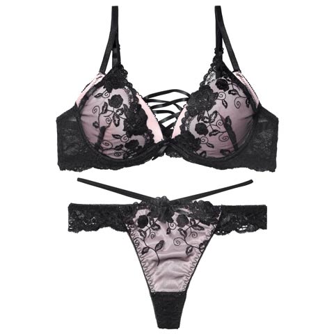 12/12新作!ノワールフラワーレースアップブラジャー&バック透けTバックショーツ［激売れ］(ピンク-A65/ショーツM)