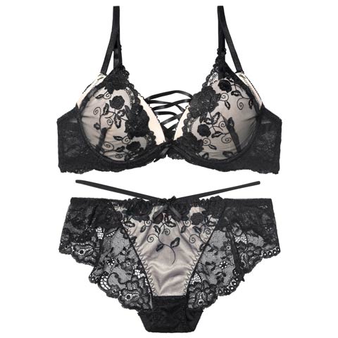 12/12新作!【EFサイズ】ノワールフラワーレースアップブラジャー&バック透けフルバックショーツ［大人気］(アイボリー-E65/ショーツM)