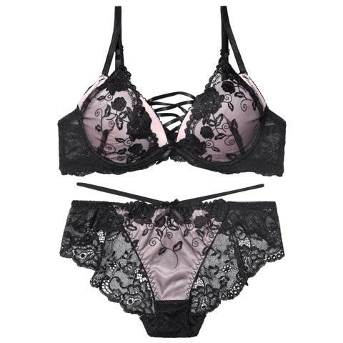 12/12新作!【EFサイズ】ノワールフラワーレースアップブラジャー&バック透けフルバックショーツ［大人気］(ピンク-E65/ショーツM)