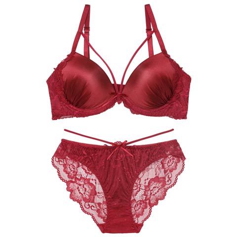 11/10新作!【EFサイズ】グロウサテンストリングブラジャー&バック透けフルバックショーツ［大人気］(レッド-E65/ショーツM)