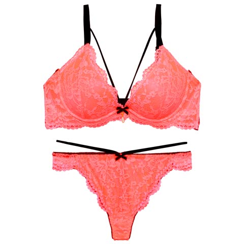 2/11新作!【EFサイズ】ネオンカラーレースコードブラジャー&バック透けTバックショーツ［大人気］(ピンク-E65/ショーツM)