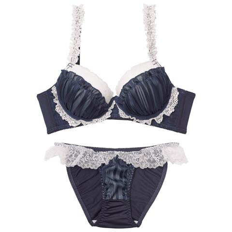 11/8再販!シャイニーフリルレース育乳脇高ブラジャー&フルバックショーツ［激売れ］(ネイビー-A65/ショーツM)