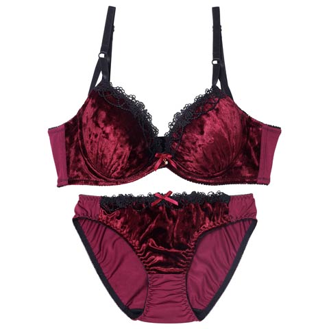 10/29新作!【EFサイズ】ラグジュアリーベロアローズ育乳脇高ブラジャー&フルバックショーツ［大人気］(ワインレッド-E65/ショーツM)