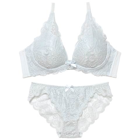 12/3新作!【ノンワイヤー】イノセントレース育乳脇高ブラジャー&バック透けフルバックショーツ［激売れ］(サックス-A65/ショーツM)