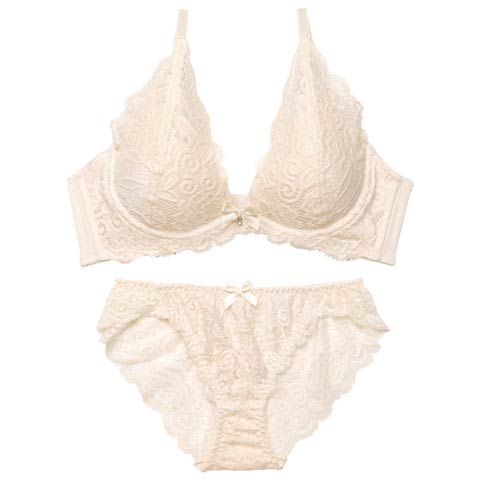 12/3新作!【ノンワイヤー】イノセントレース育乳脇高ブラジャー&バック透けフルバックショーツ［激売れ］(アイボリー-A65/ショーツM)