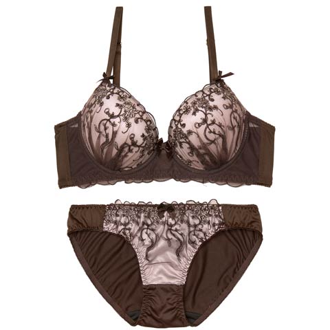 2/18新作!ダスティフラワーチュール育乳脇高ブラジャー&フルバックショーツ［激売れ］(ブラウン-A65/ショーツM)