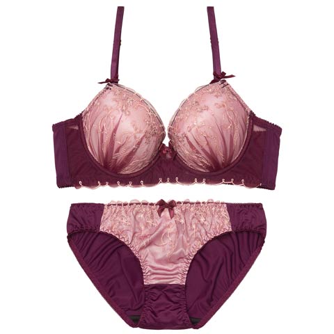 2/18新作!ダスティフラワーチュール育乳脇高ブラジャー&フルバックショーツ［激売れ］(ディープパープル-A65/ショーツM)
