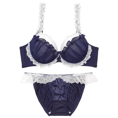 2/25新作!ドリーミーフリルレース育乳脇高ブラジャー&フルバックショーツ［激売れ］(ネイビー-A65/ショーツM)
