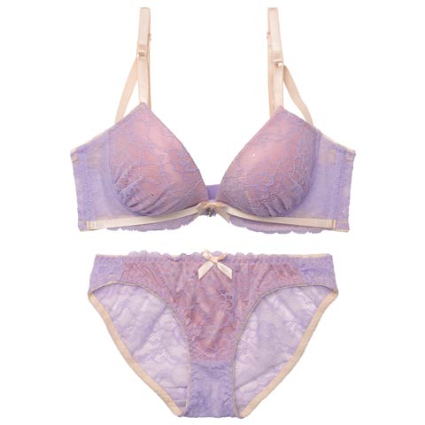 3/4新作!【EFサイズ】バイカラーリボンレース育乳脇高ブラジャー&バック透けフルバックショーツ［大人気］(ラベンダー-E65/ショーツM)