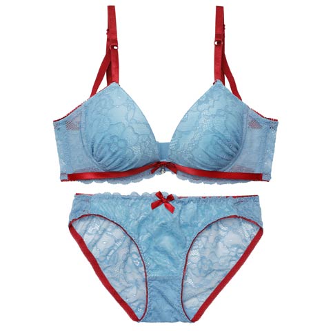 3/4新作!【EFサイズ】バイカラーリボンレース育乳脇高ブラジャー&バック透けフルバックショーツ［大人気］(ブルー-E65/ショーツM)