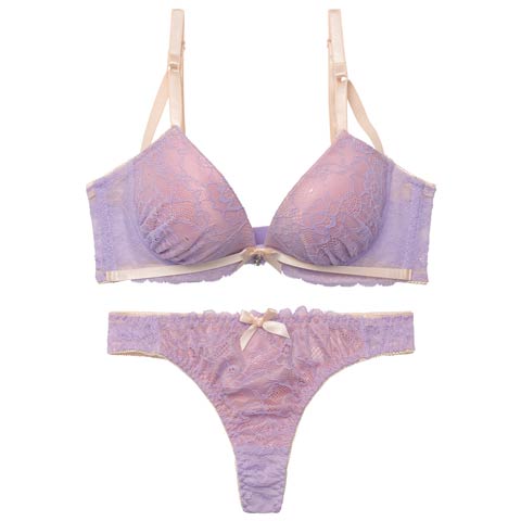 3/4新作!【EFサイズ】バイカラーリボンレース育乳脇高ブラジャー&バック透けTバックショーツ［大人気］(ラベンダー-E65/ショーツM)