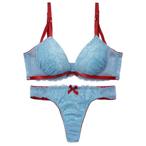3/4新作!【EFサイズ】バイカラーリボンレース育乳脇高ブラジャー&バック透けTバックショーツ［大人気］(ブルー-E65/ショーツM)