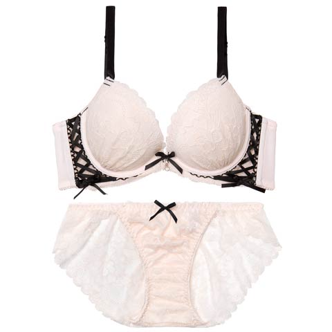 4/22新作!スピンドルリボンレース育乳脇高ブラジャー&バック透けフルバックショーツ［激売れ］(アイボリー-A65/ショーツM)