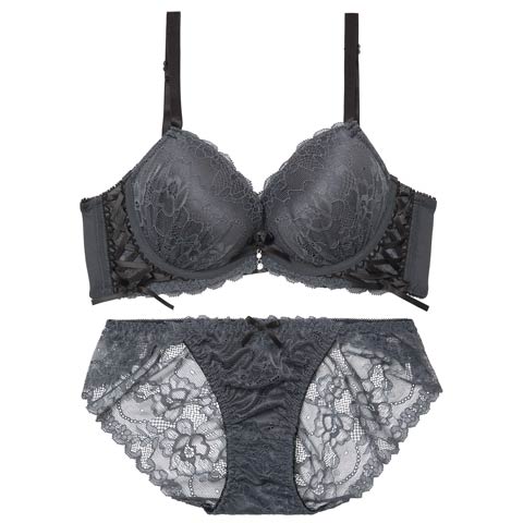 4/22新作!スピンドルリボンレース育乳脇高ブラジャー&バック透けフルバックショーツ［激売れ］(チャコール-A65/ショーツM)