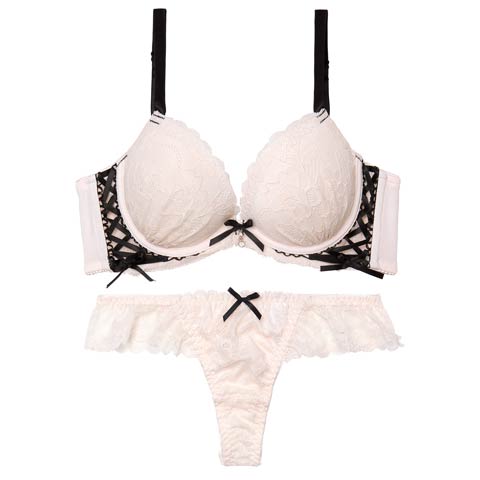 4/22新作!【EFサイズ】スピンドルリボンレース育乳脇高ブラジャー&バック透けTバックショーツ［大人気］(アイボリー-E65/ショーツM)