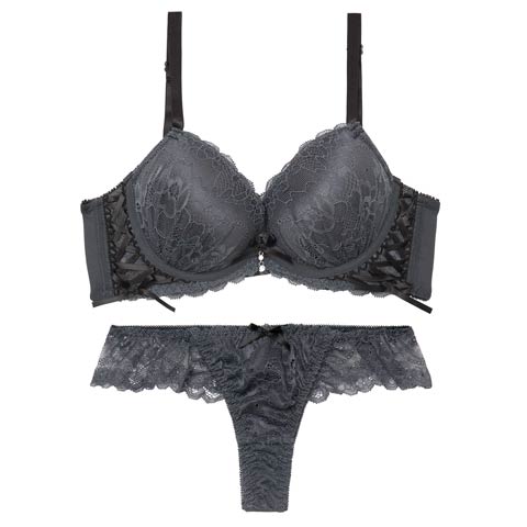 4/22新作!【EFサイズ】スピンドルリボンレース育乳脇高ブラジャー&バック透けTバックショーツ［大人気］(チャコール-E65/ショーツM)