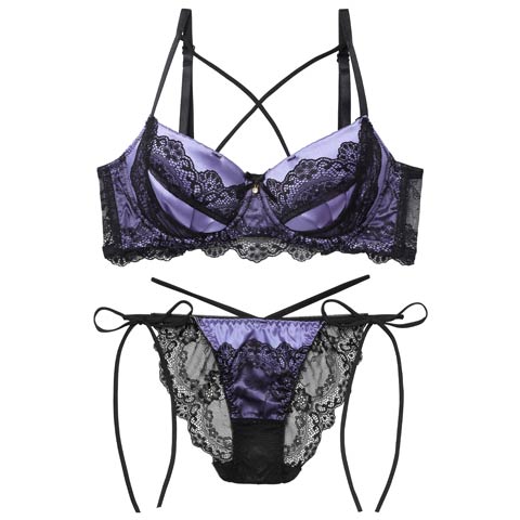 11/7新作!ミッドナイトクイーン育乳脇高ブラジャー&サイド紐バック透けフルバックショーツ［激売れ］(パープル-A65/ショーツM)
