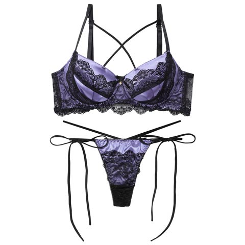 11/7新作!ミッドナイトクイーン育乳脇高ブラジャー&サイド紐バック透けTバックショーツ［激売れ］(パープル-A65/ショーツM)