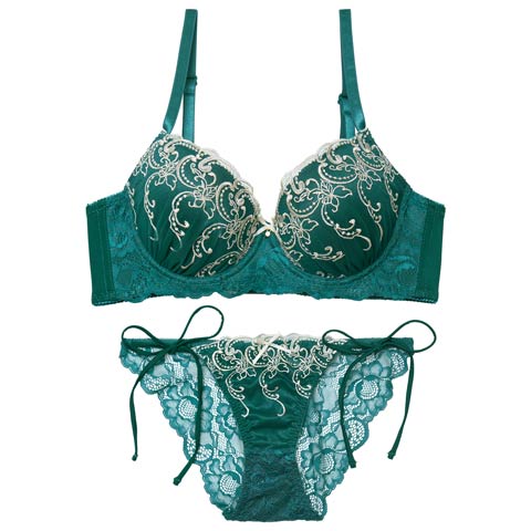 11/19新作!【三上悠亜着用】ダマスクホリデーエンブロイダリー育乳脇高ブラジャー&サイド紐バック透けフルバックショーツ［激売れ］(グリーン-A65/ショーツM)