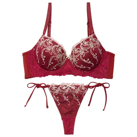11/19新作!【三上悠亜着用】ダマスクホリデーエンブロイダリー育乳脇高ブラジャー&サイド紐バック透けTバックショーツ［激売れ］(ワインレッド-A65/ショーツM)
