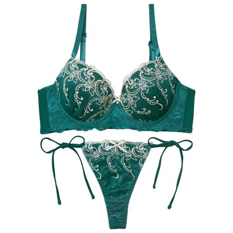 11/19新作!【三上悠亜着用】ダマスクホリデーエンブロイダリー育乳脇高ブラジャー&サイド紐バック透けTバックショーツ［激売れ］(グリーン-A65/ショーツM)