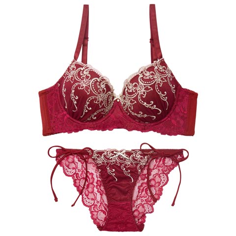 11/19新作!【三上悠亜着用】【EFサイズ】ダマスクホリデーエンブロイダリー育乳脇高ブラジャー&サイド紐バック透けフルバックショーツ［大人気］(ワインレッド-E65/ショーツM)