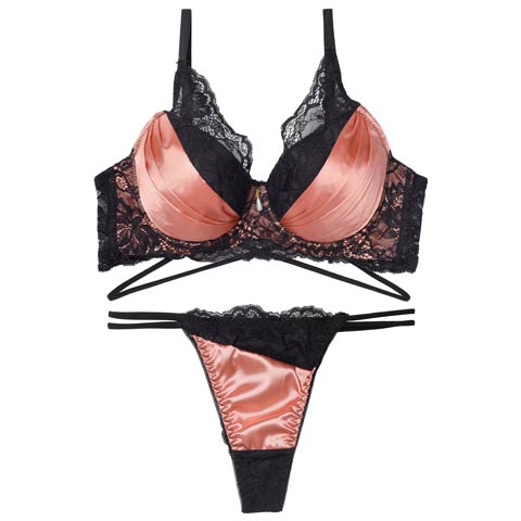 12/15新作!グロッシーサテンレース育乳脇高ブラジャー＆バック透けTバックショーツ［激売れ］(サーモンピンク-A65/ショーツM)