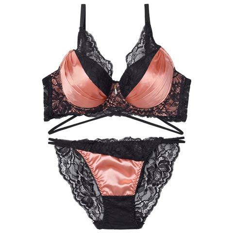12/15新作!【EFサイズ】グロッシーサテンレース育乳脇高ブラジャー＆バック透けフルバックショーツ［大人気］(サーモンピンク-E65/ショーツM)